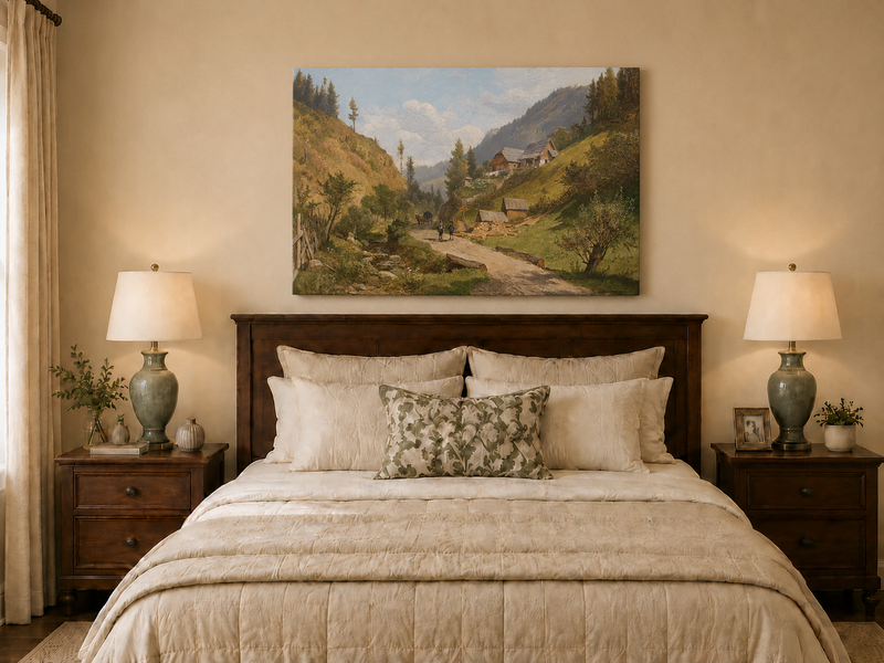 Peinture à l'huile de paysage - Chemin du village alpin