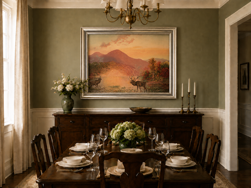 Landscape Oil Painting - Autumn Lake Deer & Mountain Sunset