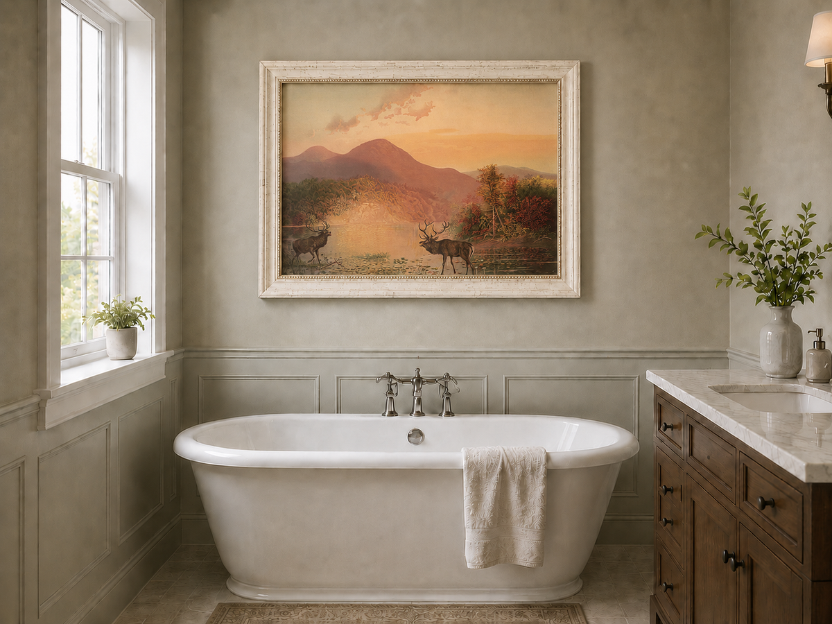 Landscape Oil Painting - Autumn Lake Deer & Mountain Sunset