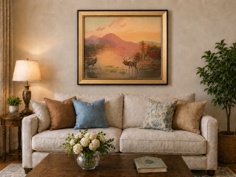 Landscape Oil Painting - Autumn Lake Deer & Mountain Sunset