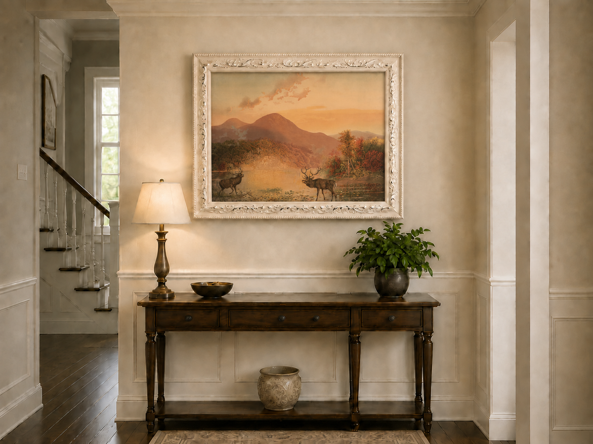 Landscape Oil Painting - Autumn Lake Deer & Mountain Sunset