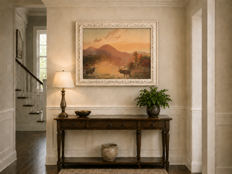 Landscape Oil Painting - Autumn Lake Deer & Mountain Sunset