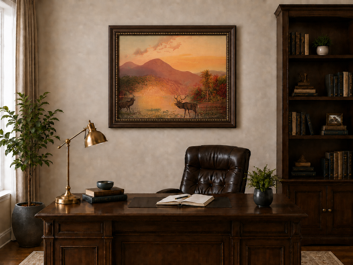 Landscape Oil Painting - Autumn Lake Deer & Mountain Sunset