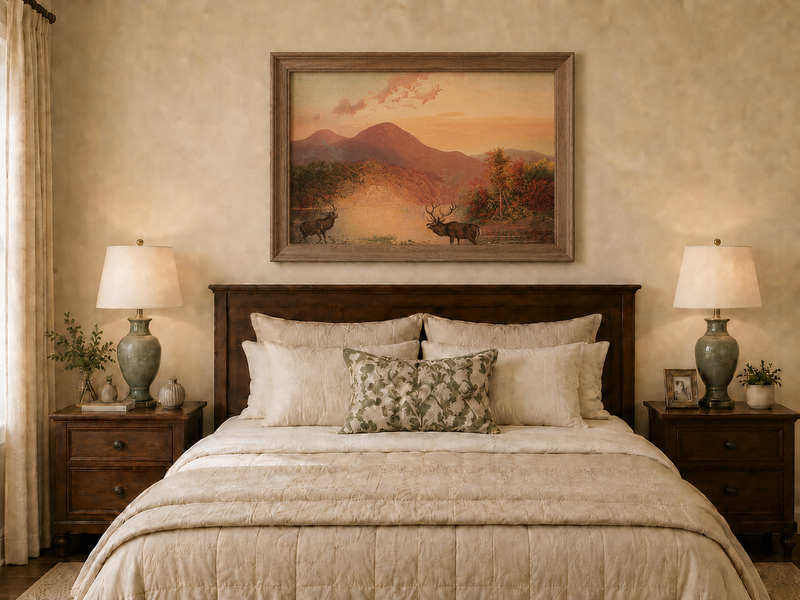 Landscape Oil Painting - Autumn Lake Deer & Mountain Sunset