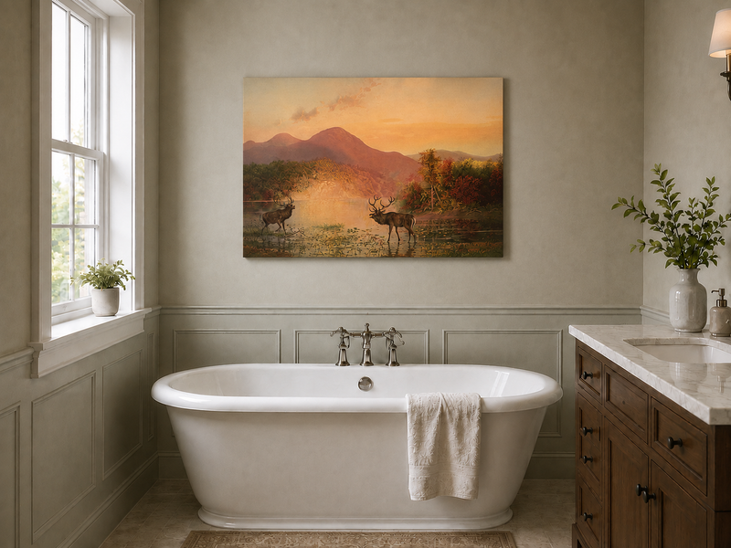 Landscape Oil Painting - Autumn Lake Deer & Mountain Sunset