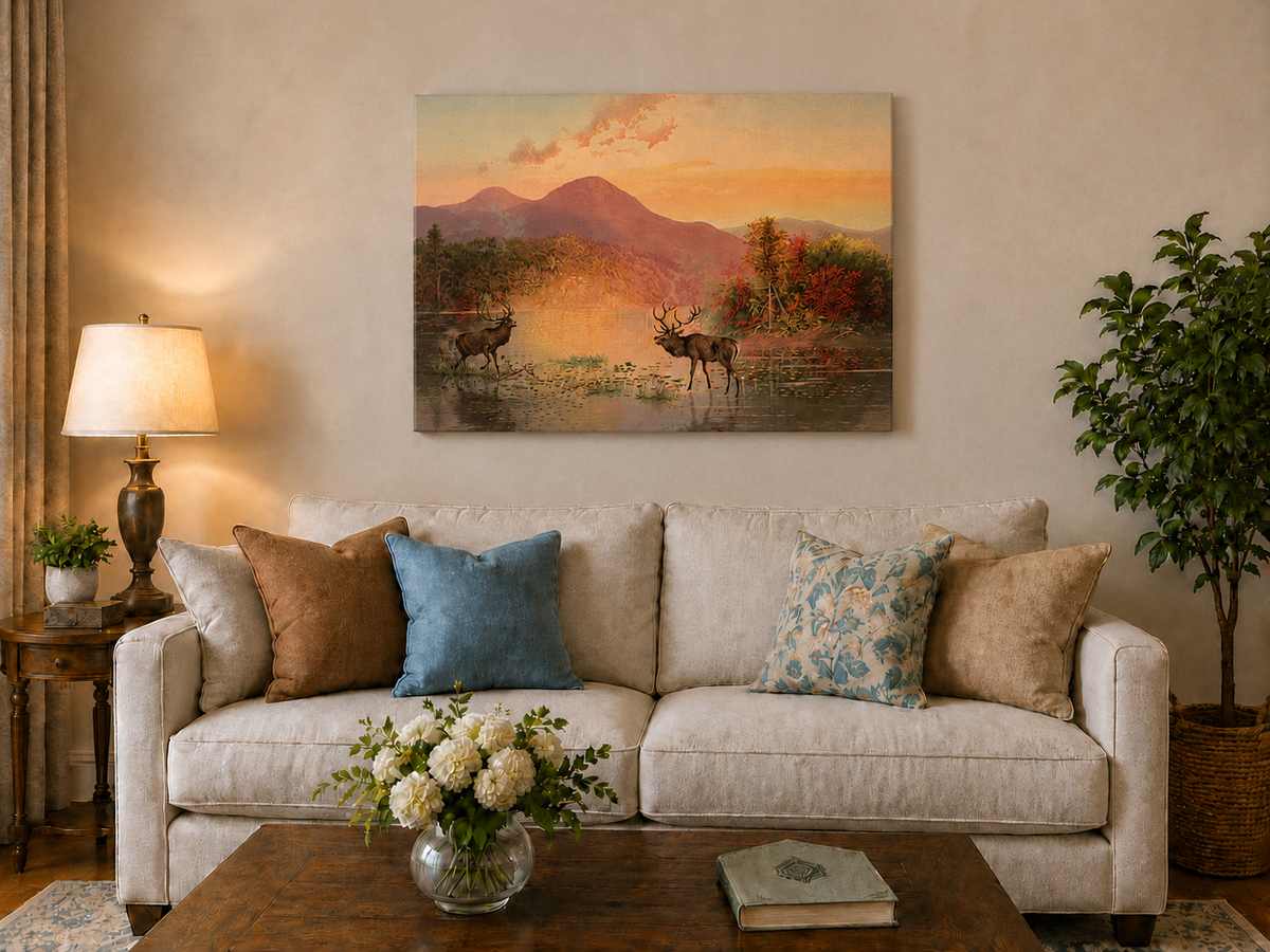 Landscape Oil Painting - Autumn Lake Deer & Mountain Sunset
