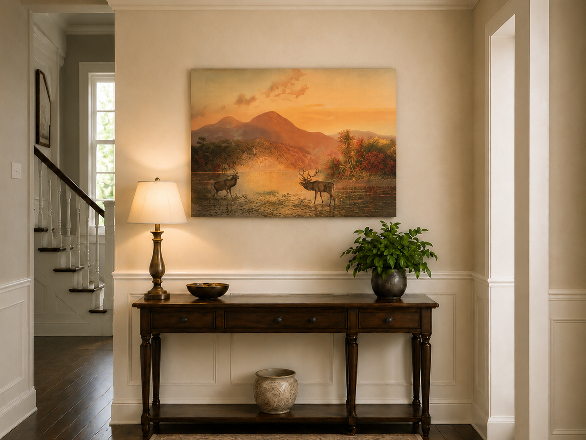 Landscape Oil Painting - Autumn Lake Deer & Mountain Sunset
