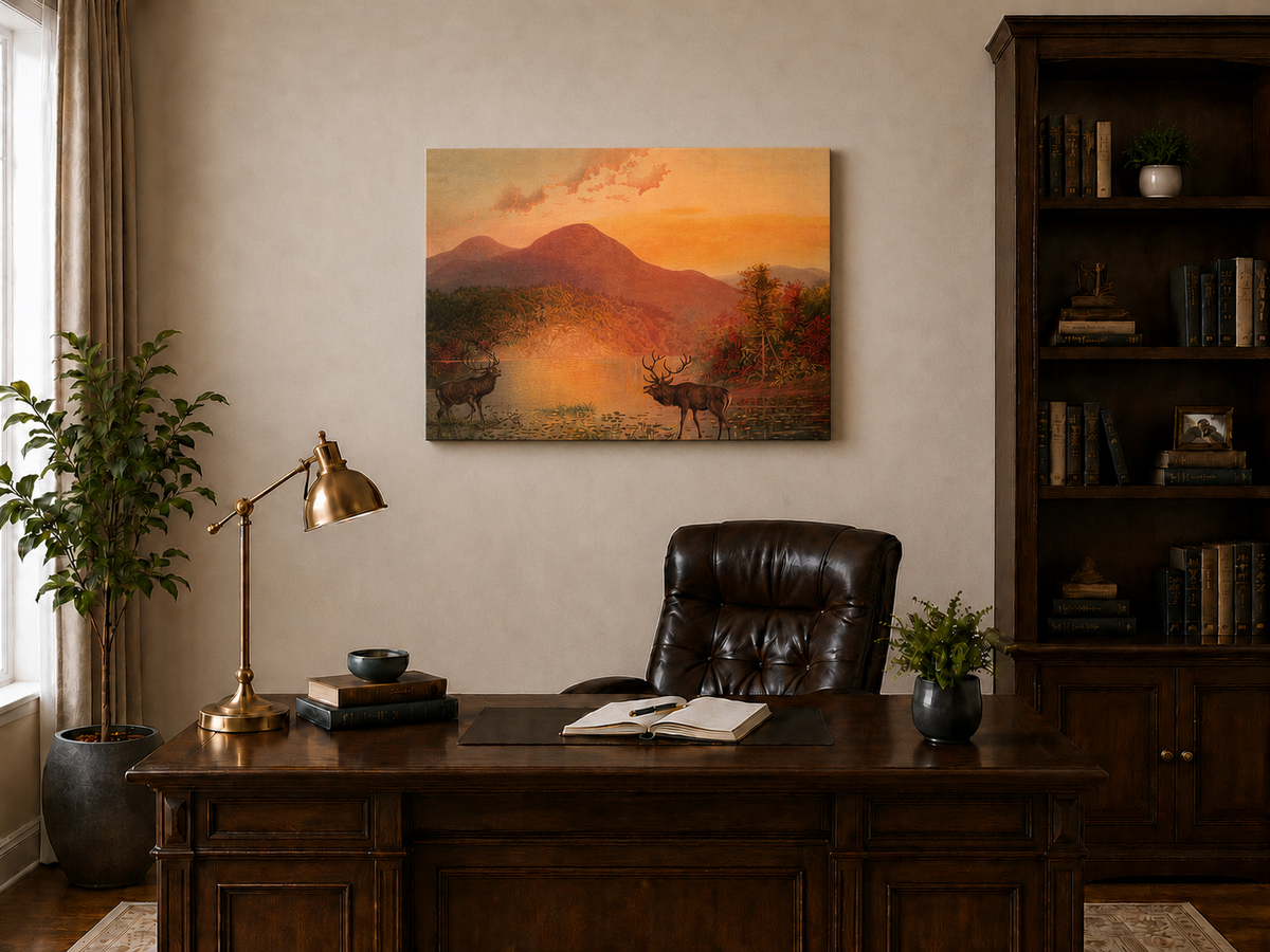 Landscape Oil Painting - Autumn Lake Deer & Mountain Sunset