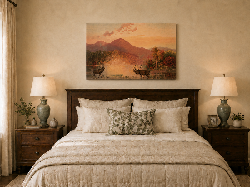 Landscape Oil Painting - Autumn Lake Deer & Mountain Sunset