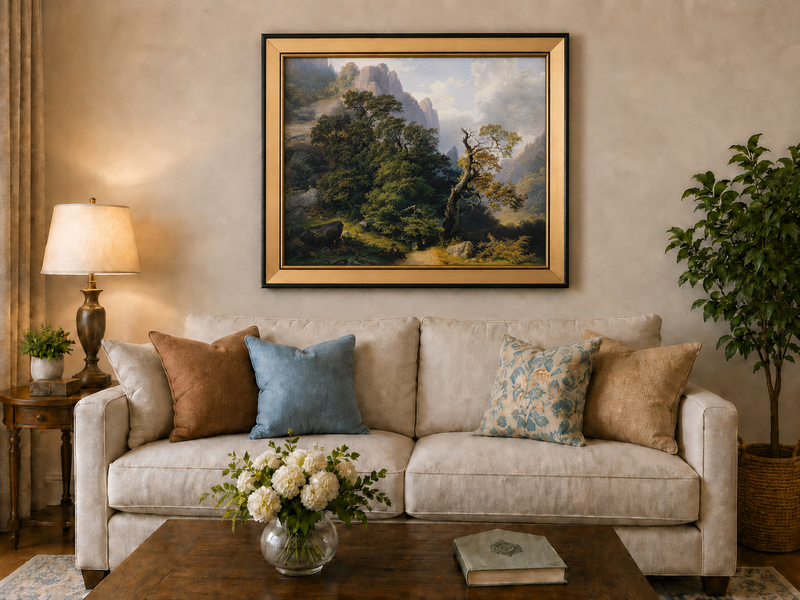 Landscape Oil Painting - Mountain Path and Ancient Forest View