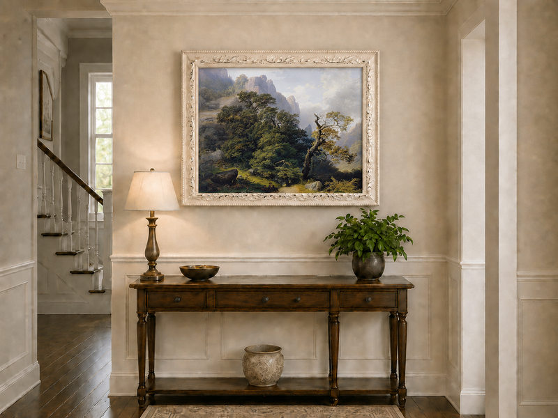 Landscape Oil Painting - Mountain Path and Ancient Forest View