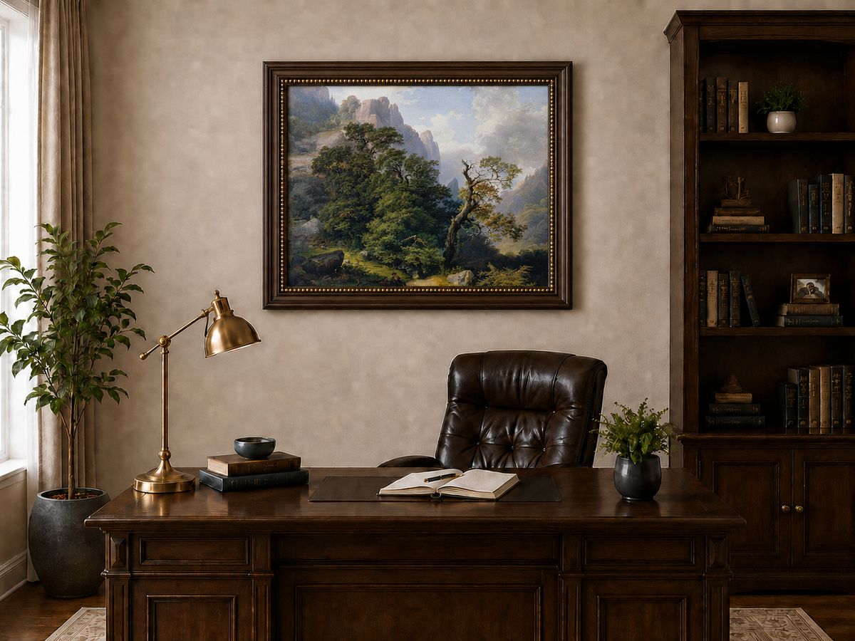 Landscape Oil Painting - Mountain Path and Ancient Forest View