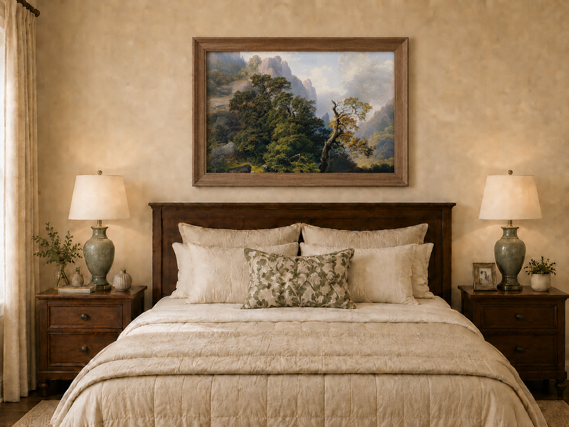 Landscape Oil Painting - Mountain Path and Ancient Forest View