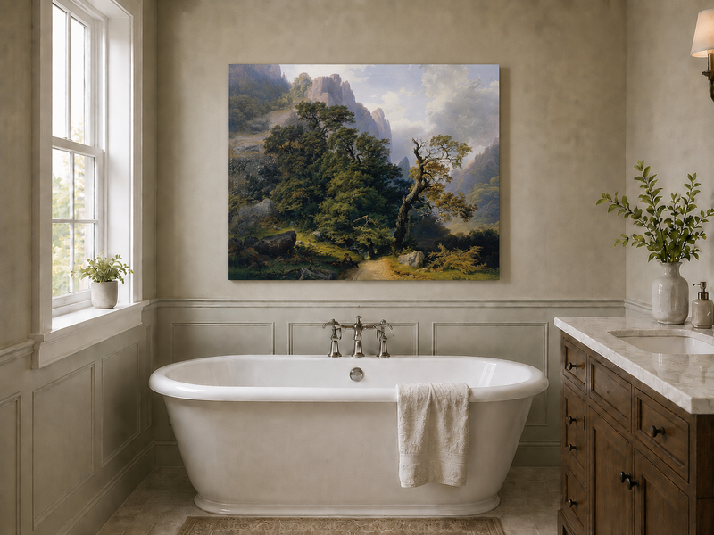 Landscape Oil Painting - Mountain Path and Ancient Forest View