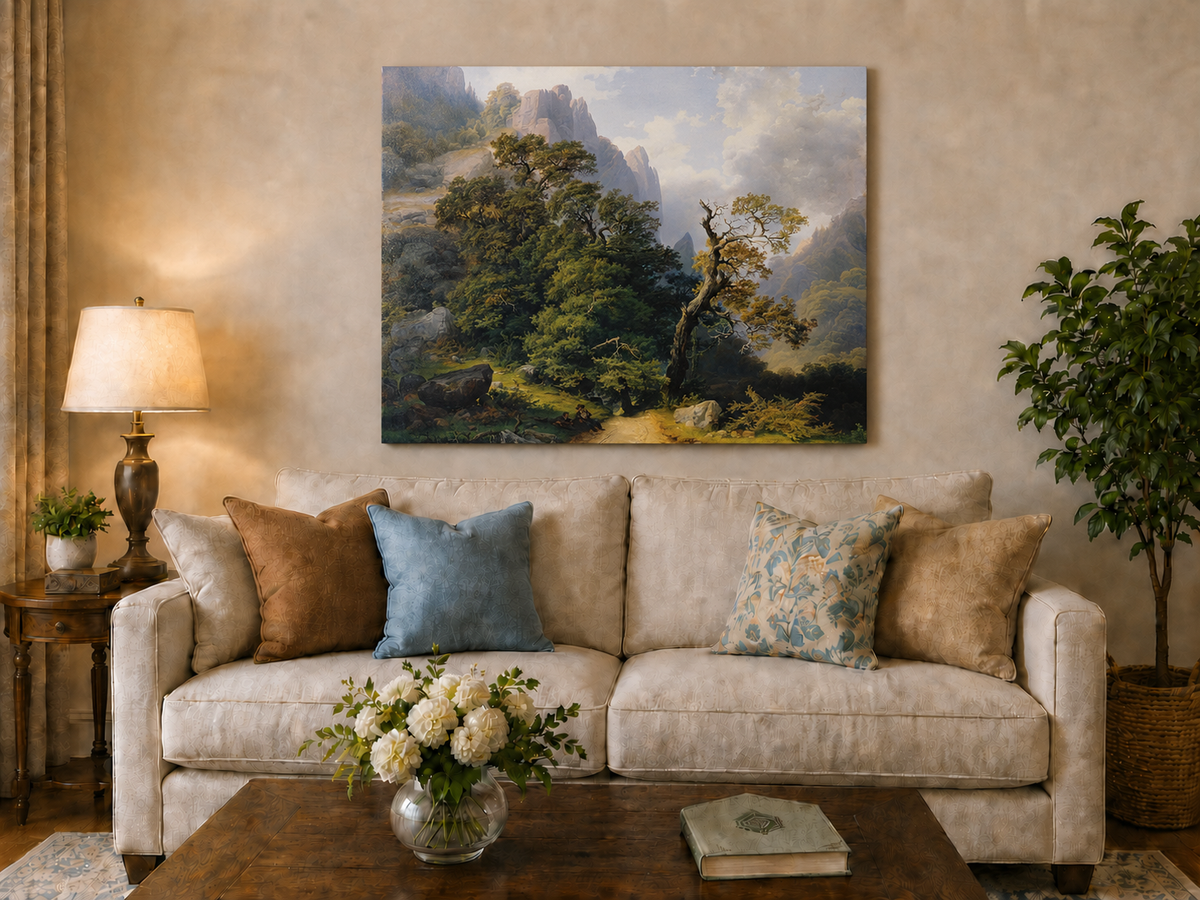 Landscape Oil Painting - Mountain Path and Ancient Forest View
