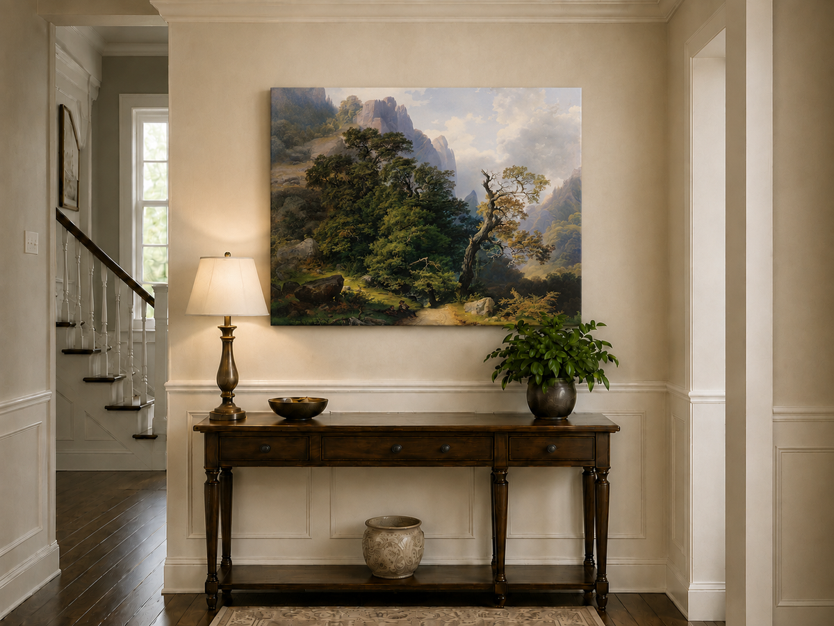 Landscape Oil Painting - Mountain Path and Ancient Forest View
