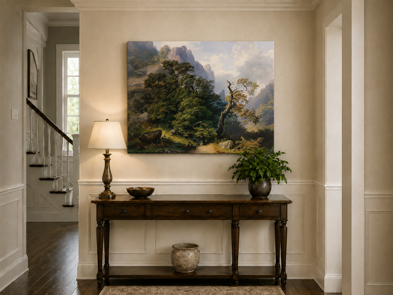 Landscape Oil Painting - Mountain Path and Ancient Forest View
