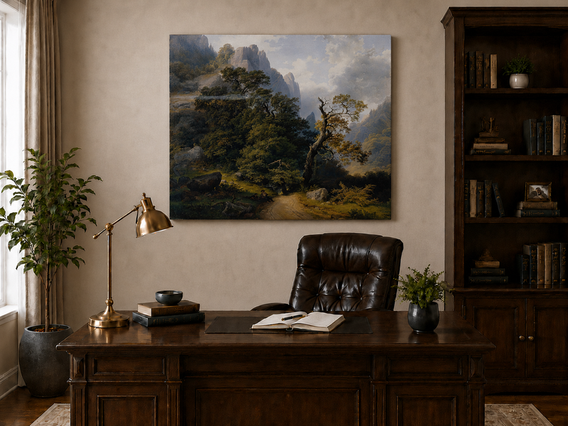 Landscape Oil Painting - Mountain Path and Ancient Forest View