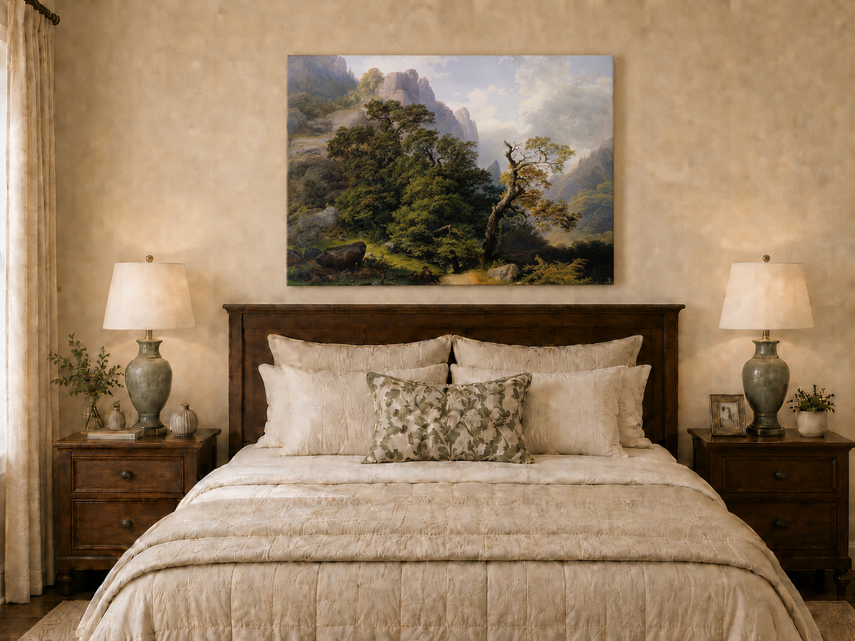 Landscape Oil Painting - Mountain Path and Ancient Forest View