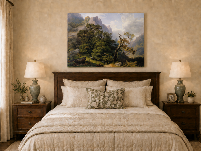 Landscape Oil Painting - Mountain Path and Ancient Forest View
