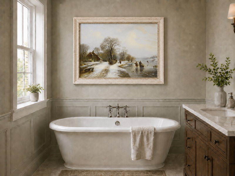 Peinture à l'huile de paysage - Village riverain en hiver