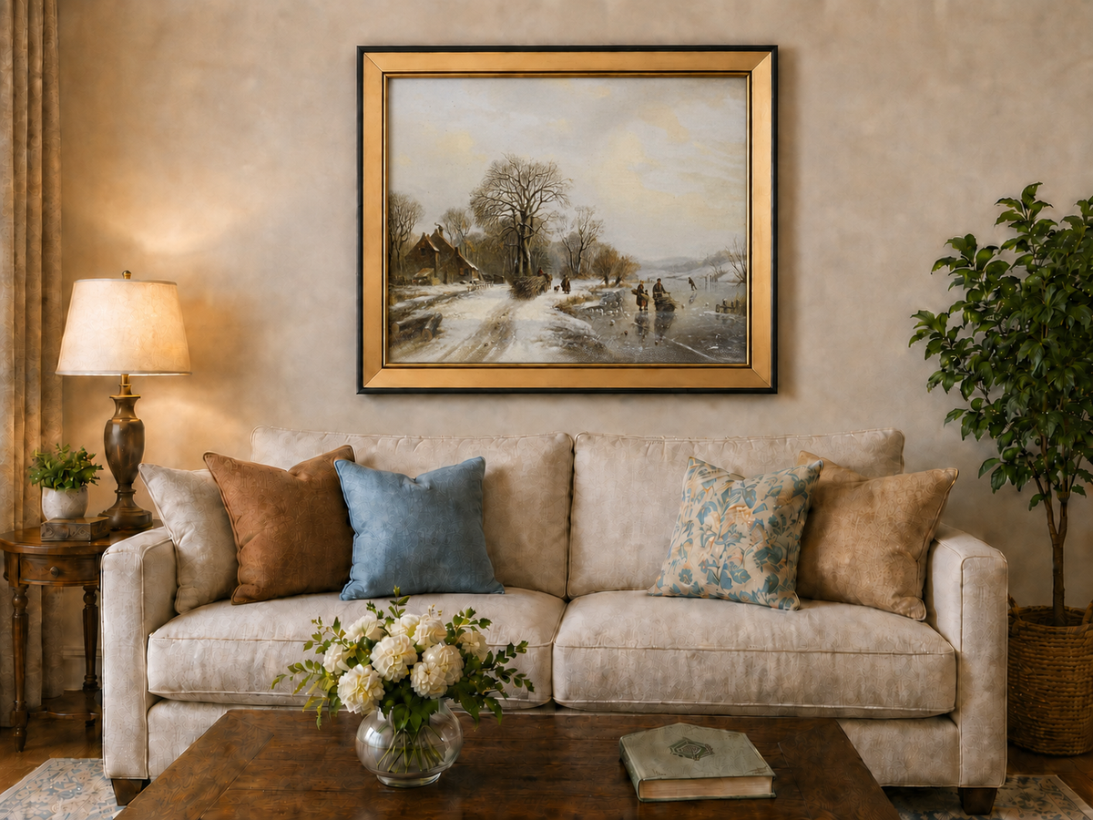 Peinture à l'huile de paysage - Village riverain en hiver