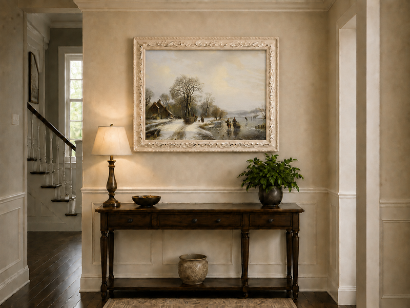 Peinture à l'huile de paysage - Village riverain en hiver