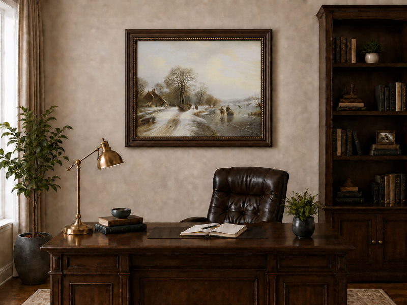 Peinture à l'huile de paysage - Village riverain en hiver