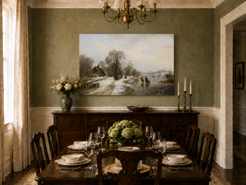 Peinture à l'huile de paysage - Village riverain en hiver