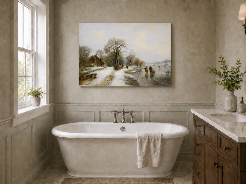 Peinture à l'huile de paysage - Village riverain en hiver