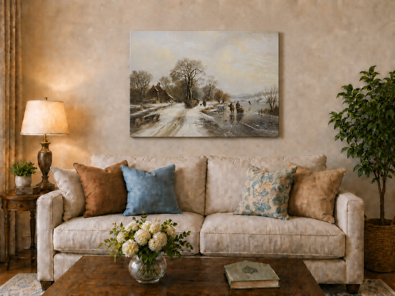 Peinture à l'huile de paysage - Village riverain en hiver