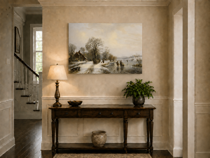 Peinture à l'huile de paysage - Village riverain en hiver