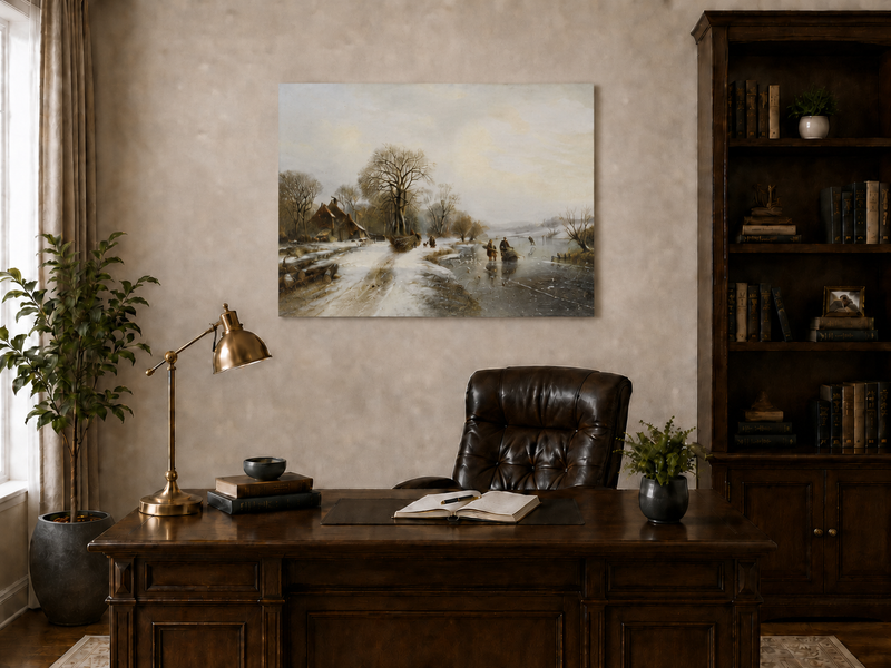 Peinture à l'huile de paysage - Village riverain en hiver
