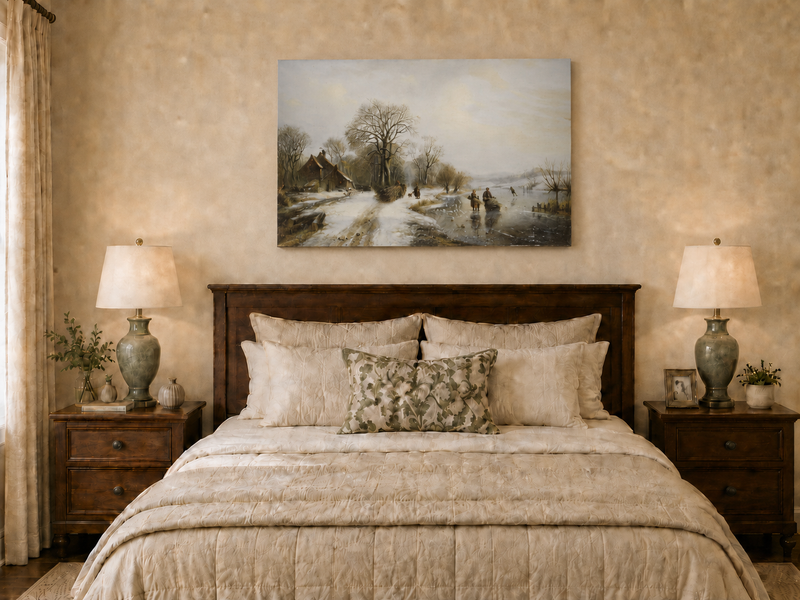 Peinture à l'huile de paysage - Village riverain en hiver