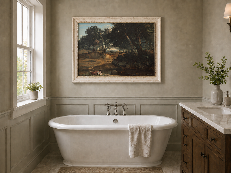 Landscape Oil Painting: Wooded Riverside with Figure Wall Art