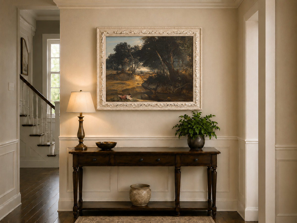 Landscape Oil Painting: Wooded Riverside with Figure Wall Art