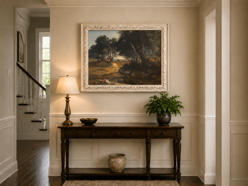 Landscape Oil Painting: Wooded Riverside with Figure Wall Art