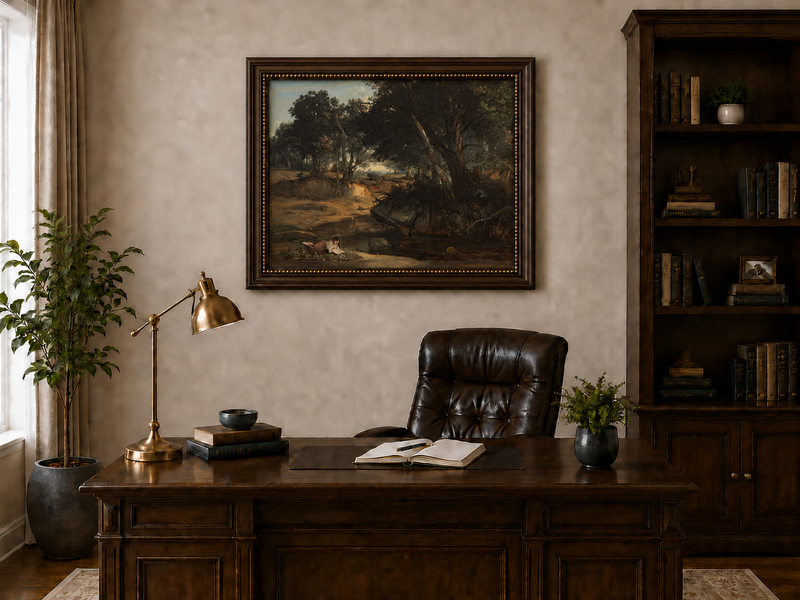 Landscape Oil Painting: Wooded Riverside with Figure Wall Art