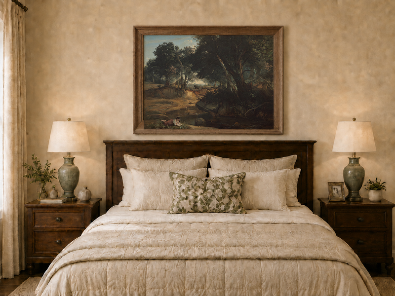 Landscape Oil Painting: Wooded Riverside with Figure Wall Art