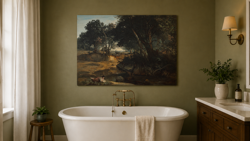 Landscape Oil Painting - Quiet Forest Stream with Woman Reading