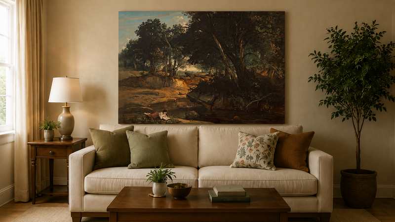 Landscape Oil Painting - Quiet Forest Stream with Woman Reading