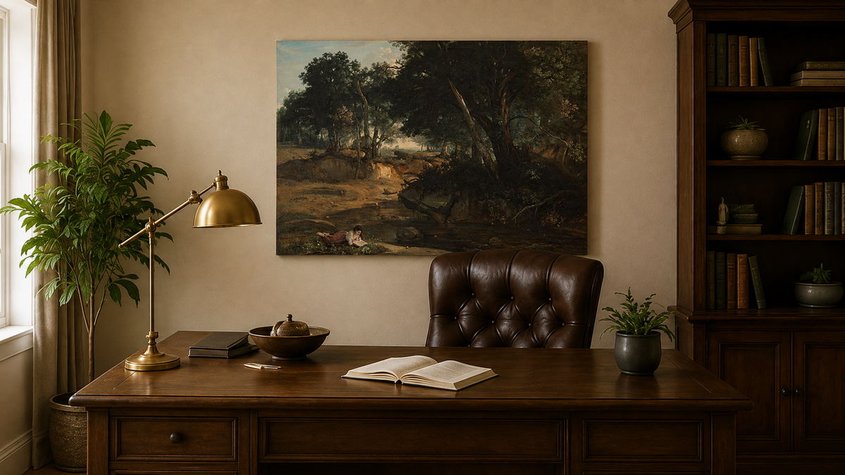 Landscape Oil Painting - Quiet Forest Stream with Woman Reading