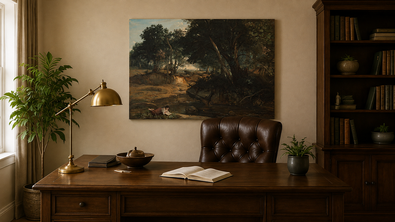 Landscape Oil Painting - Quiet Forest Stream with Woman Reading