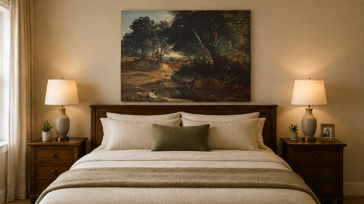Landscape Oil Painting - Quiet Forest Stream with Woman Reading