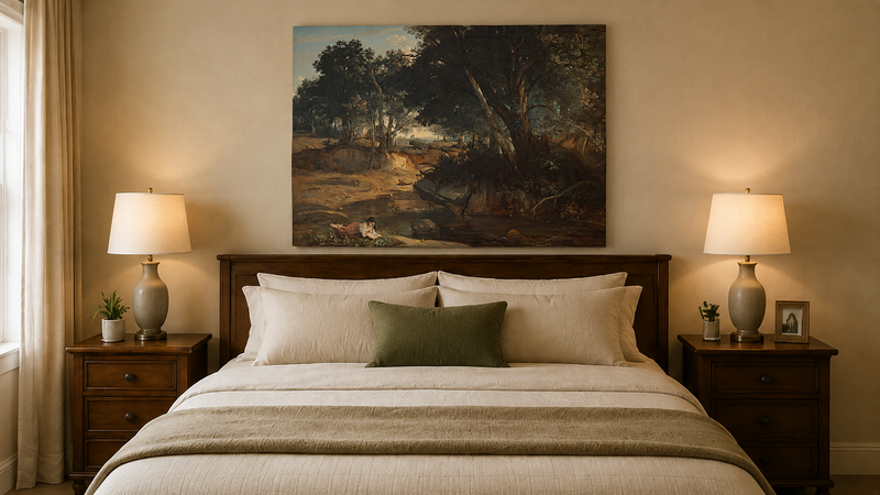 Landscape Oil Painting - Quiet Forest Stream with Woman Reading