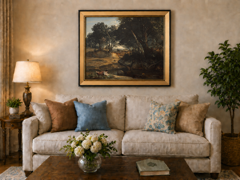 Landscape Oil Painting - Quiet Forest Stream with Woman Reading