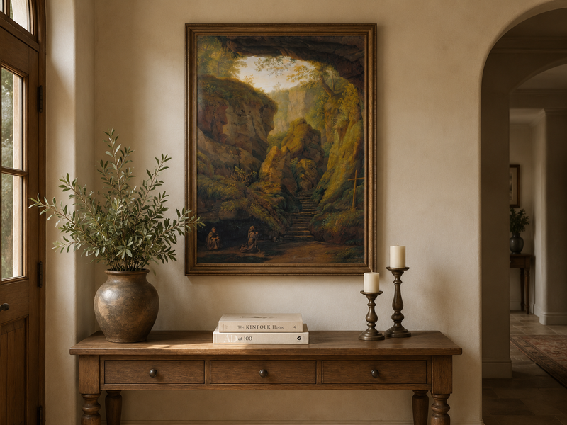 Peinture à l'huile de paysage - Intérieur de grotte, escaliers de canyon, prière