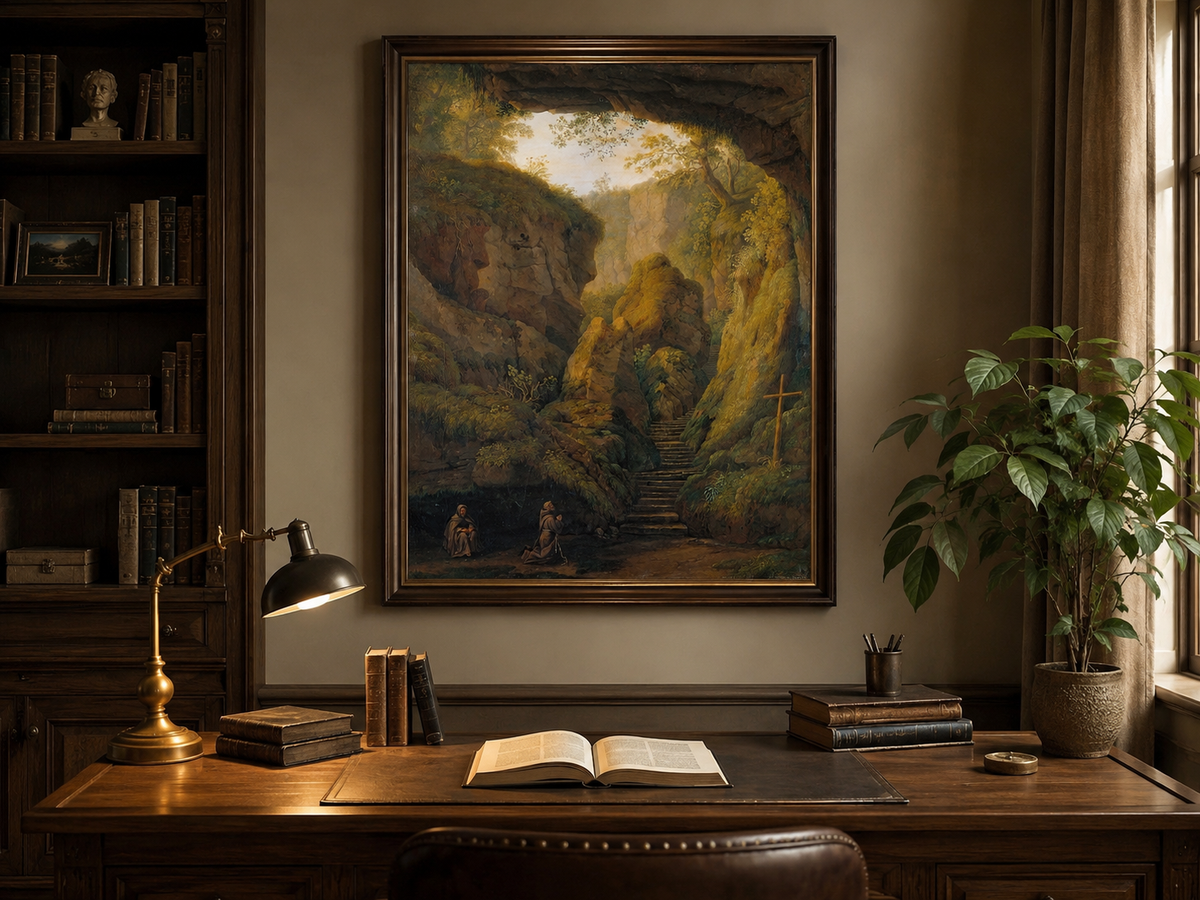 Peinture à l'huile de paysage - Intérieur de grotte, escaliers de canyon, prière
