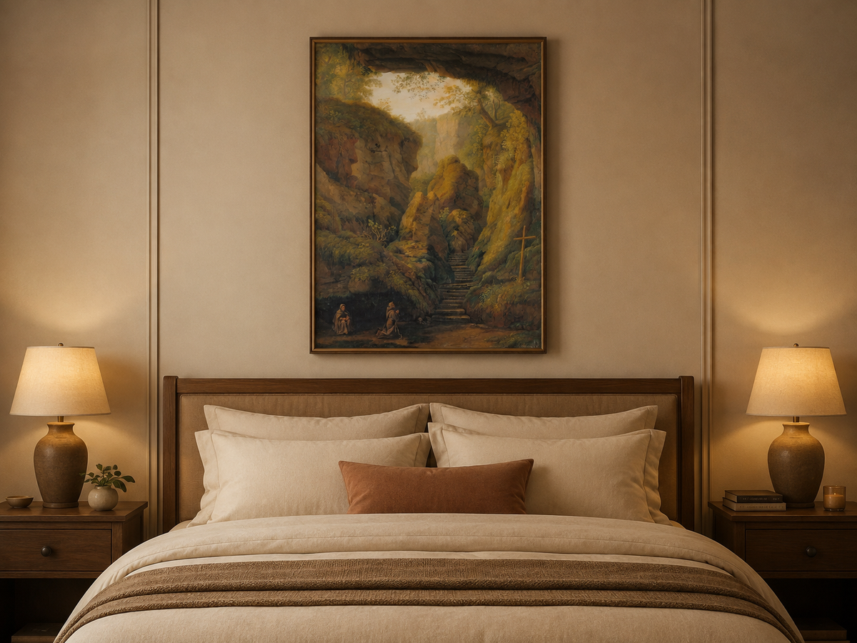 Peinture à l'huile de paysage - Intérieur de grotte, escaliers de canyon, prière
