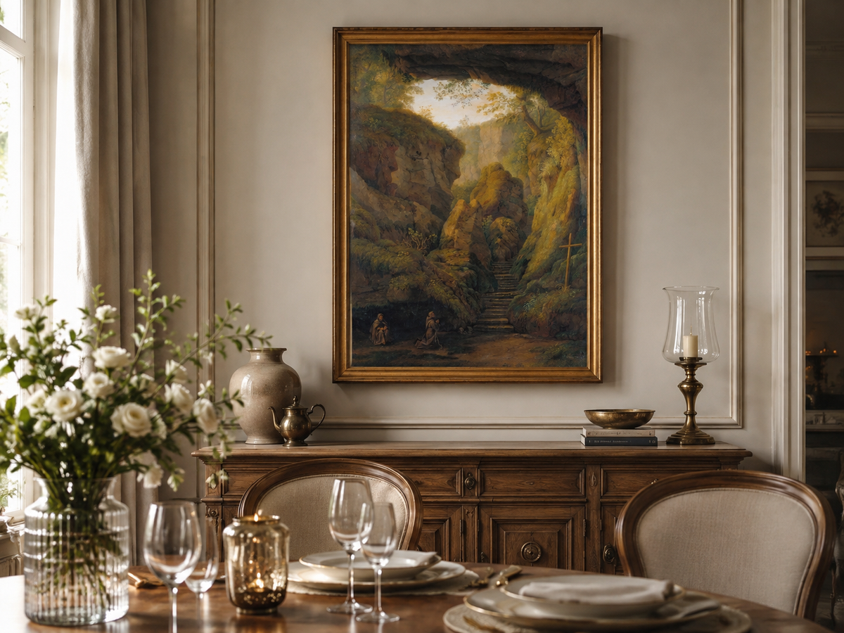 Peinture à l'huile de paysage - Intérieur de grotte, escaliers de canyon, prière